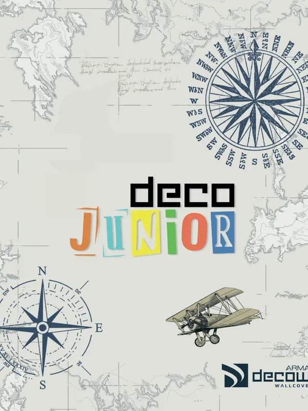 Deco Junior çocuk odası duvar kağıdı koleksiyonu kapağı - dünya haritası pusula ve uçak desenli duvar kağıdı | Şahinler Dekor Kocaeli